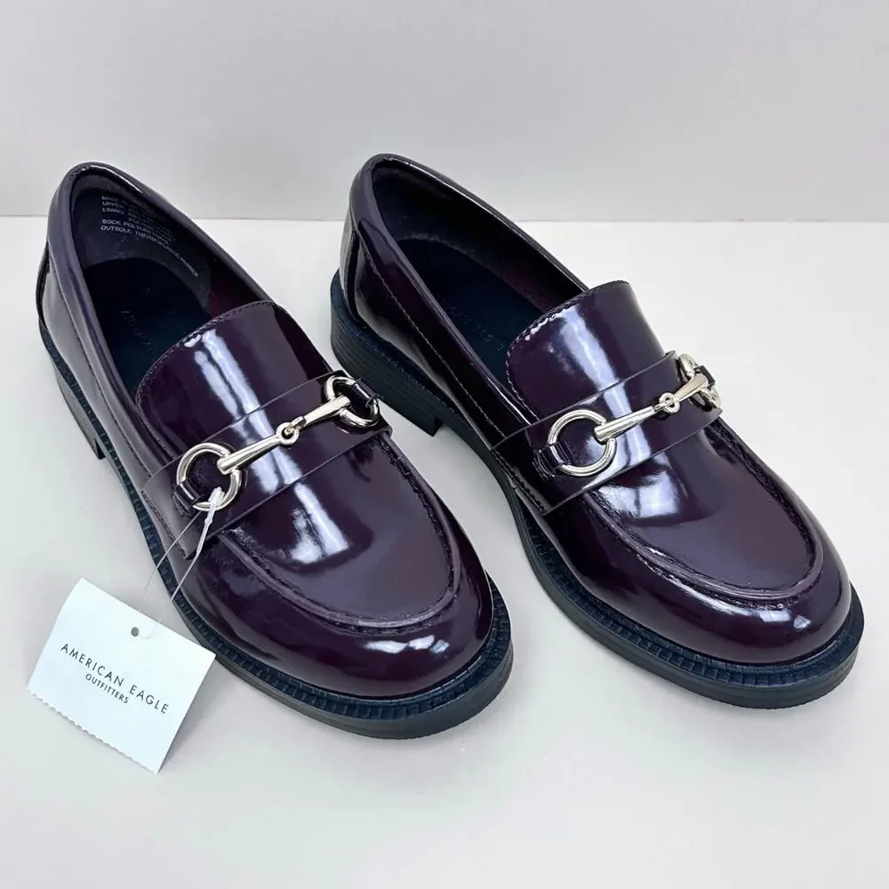 American Eagle SIZE 7 Faux Patent Leather Horse Bit Wineberry Duchess Loafer NWT